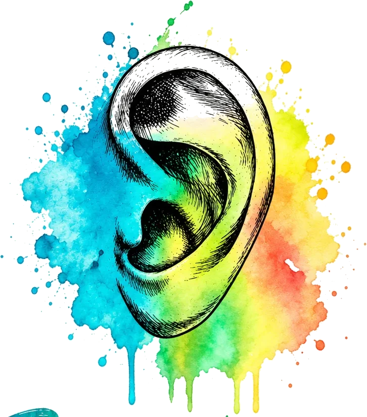 Ink-drawn ear surrounded by blue, green, yellow and orange watercolor