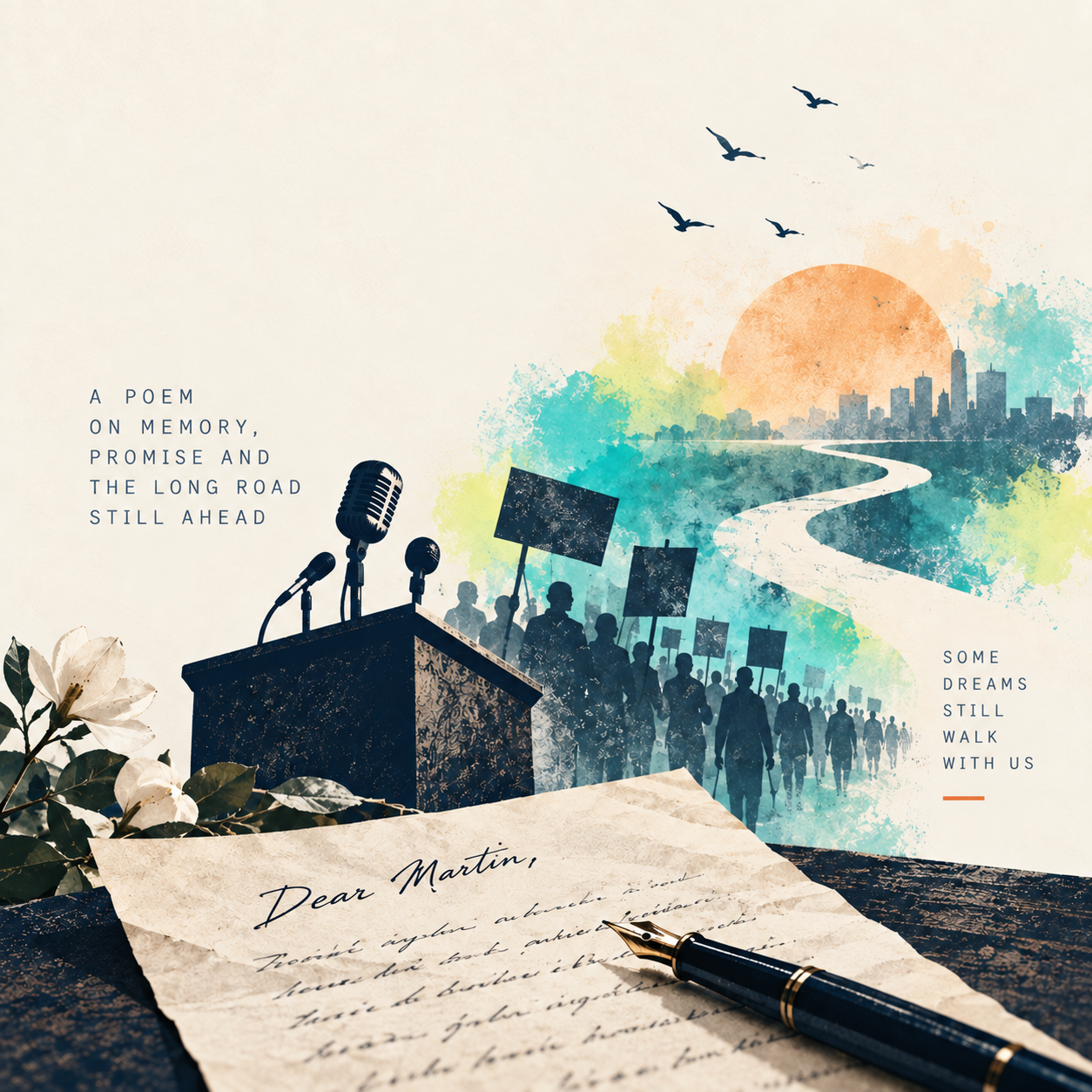 Editorial collage of a letter, podium, marchers and a road toward the horizon.