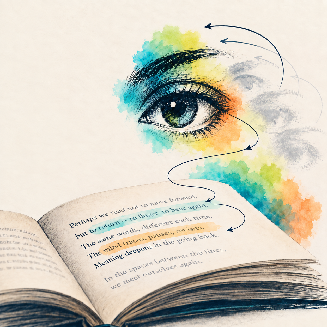 Watercolor illustration of an eye, looping arrows and an open book symbolizing rereading.