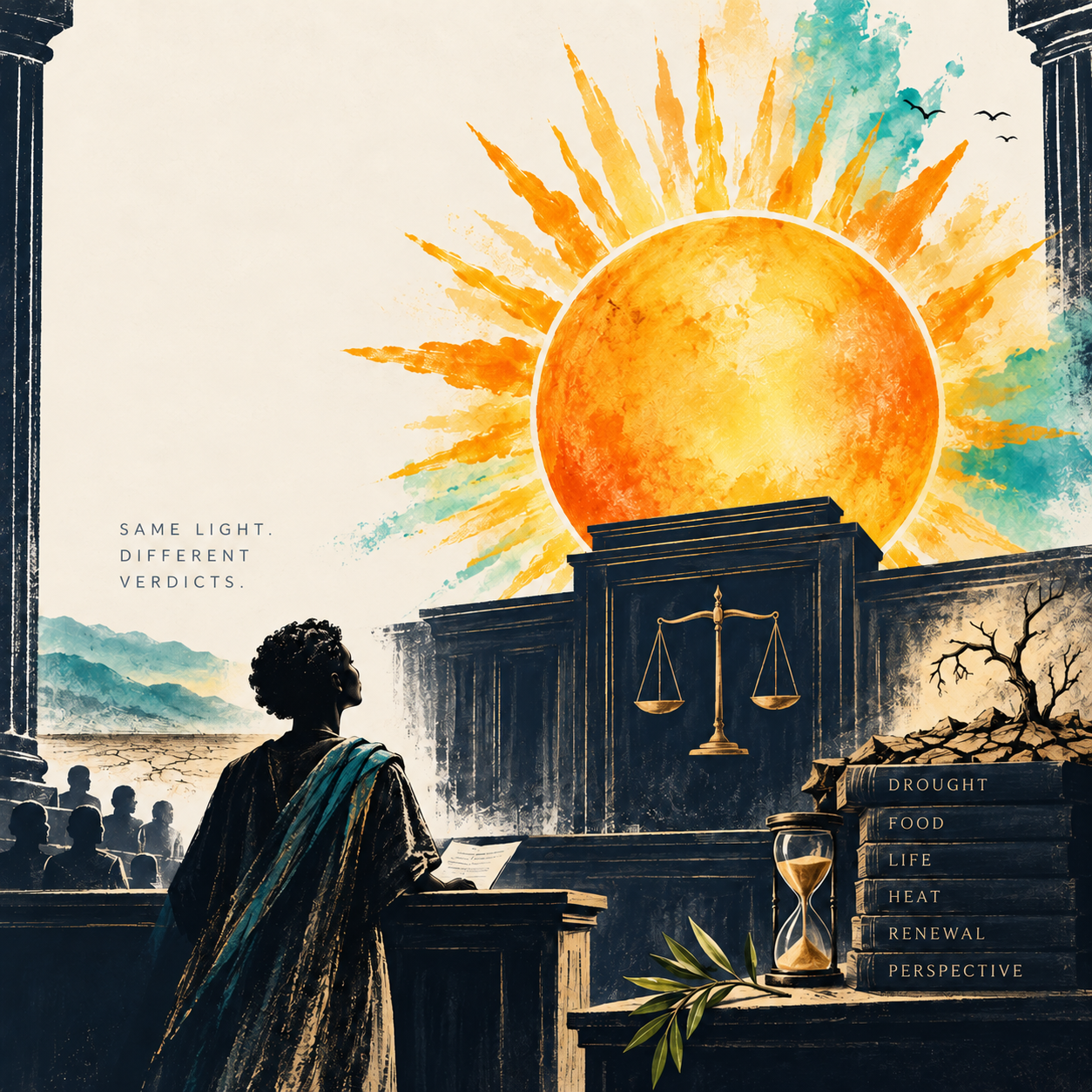 Watercolor courtroom scene with the sun, justice scales, drought, renewal and changing human judgments.