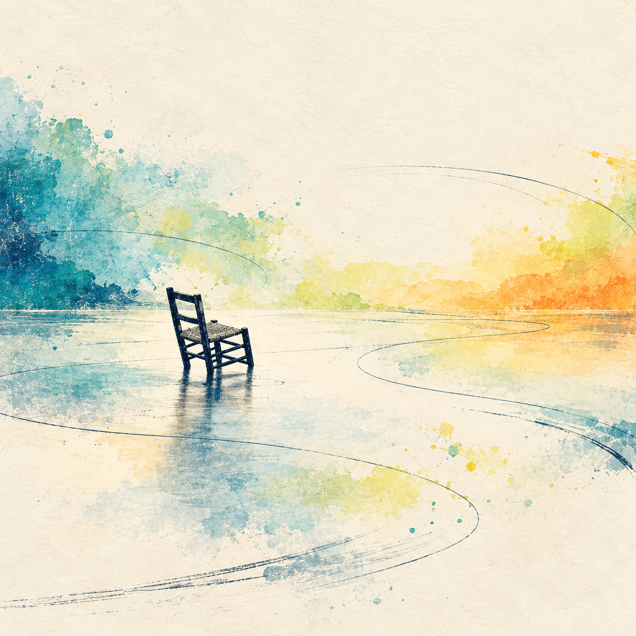 A solitary empty chair surrounded by open watercolor space and sweeping conversational lines.